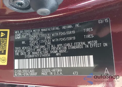 2015 Toyota Highlander Limited Platinum V6 from USA, damaged, VIN 5TDDKRFH7FS148956